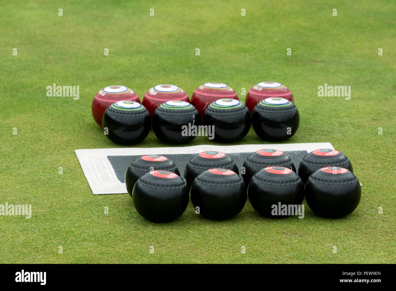 Bowls set out before a match at the national women`s lawn bowls championships, Leamington Spa, UK Stock Photo